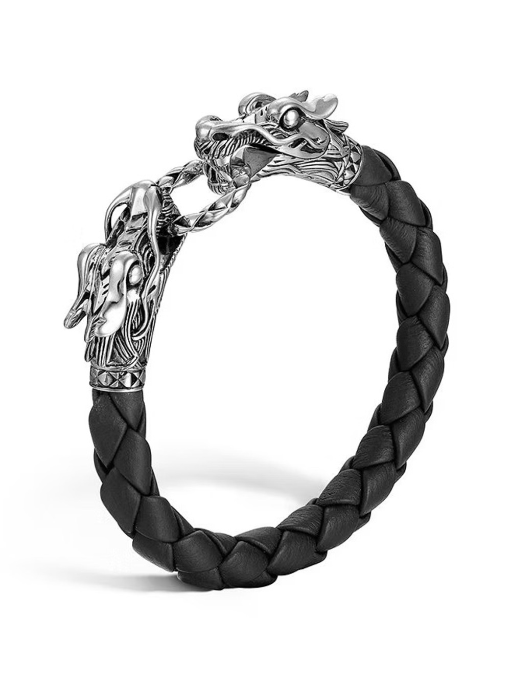 JOHN HARDY Sterling Silver Dragon Naga Woven Leather Bracelet Black Unisex 7”